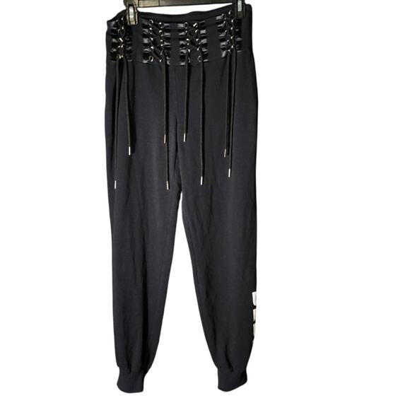 Rare HTF Bebe Multi Lace Up Waist Corset Relaxed Fit Black Joggers Logo Y2K Vibe - Picture 1 of 8